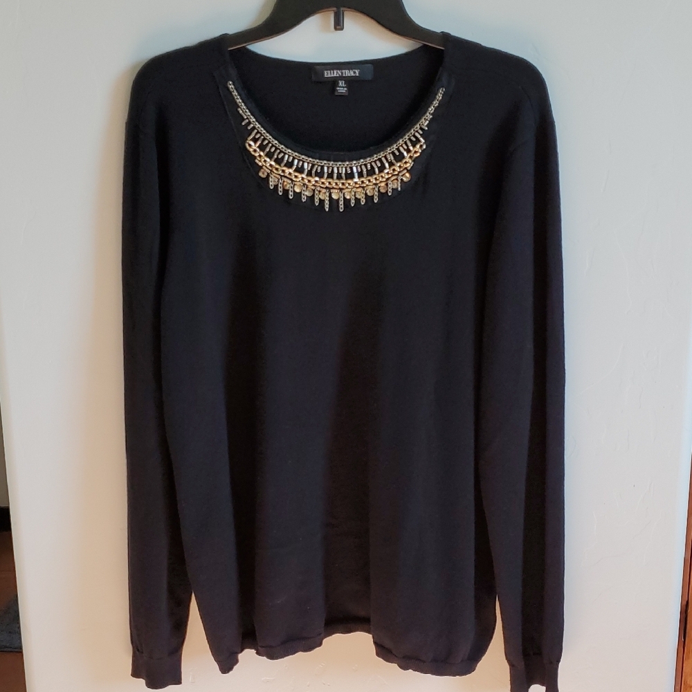 Black Sweater Top Neckline Gold Decor
